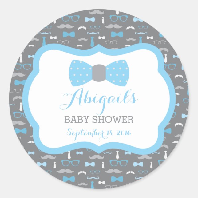 Adesivo Redondo Pequeno Chá de fraldas, Azul Bebê, Cinza (Frente)