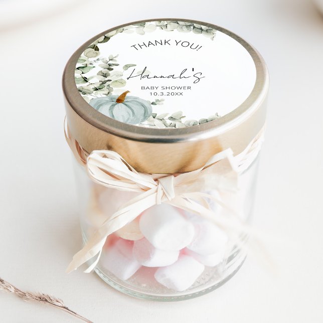 Adesivo Redondo Pequeno Chá de fraldas Azul De Abóbora Obrigado Po (Criador carregado)