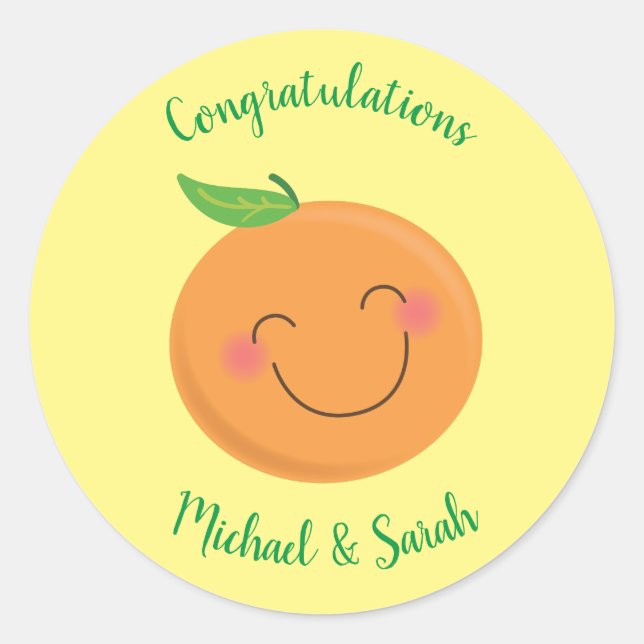 Adesivo Redondo Pequeno Chá de fraldas Cutie Tangerina Sexo Neutro (Frente)