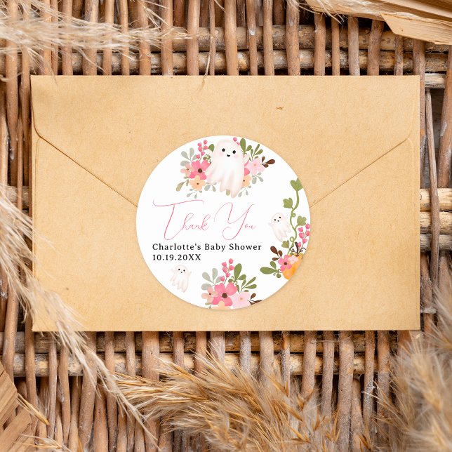 Adesivo Redondo Pequeno chá de fraldas de abóbora floral brilhante (Cute floral ghost pumpkin little boo baby shower classic round sticker)