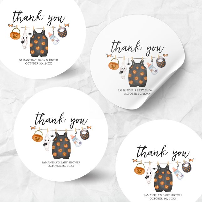 Adesivo Redondo Pequeno Chá de fraldas de Boo Pumpkin Halloween (Little Boo Pumpkin Clothesline Halloween Baby Shower Sticker)