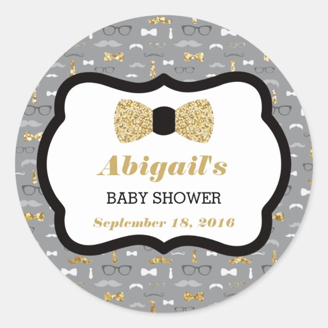 Adesivo Redondo Pequeno Chá de fraldas, Dourado, Cinza, Preto (Frente)