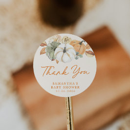 Adesivo Redondo Pequeno Chá de fraldas Floral De Abóbora Obrigado 