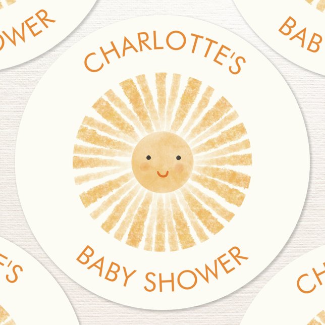 Adesivo Redondo Pequeno Chá de fraldas personalizado sunshine (Fun personalized watercolor sunshine baby shower stickers with custom name and text)