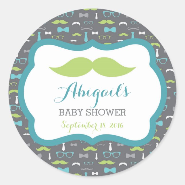 Adesivo Redondo Pequeno Chá de fraldas, Teal, Verde, Cinza (Frente)