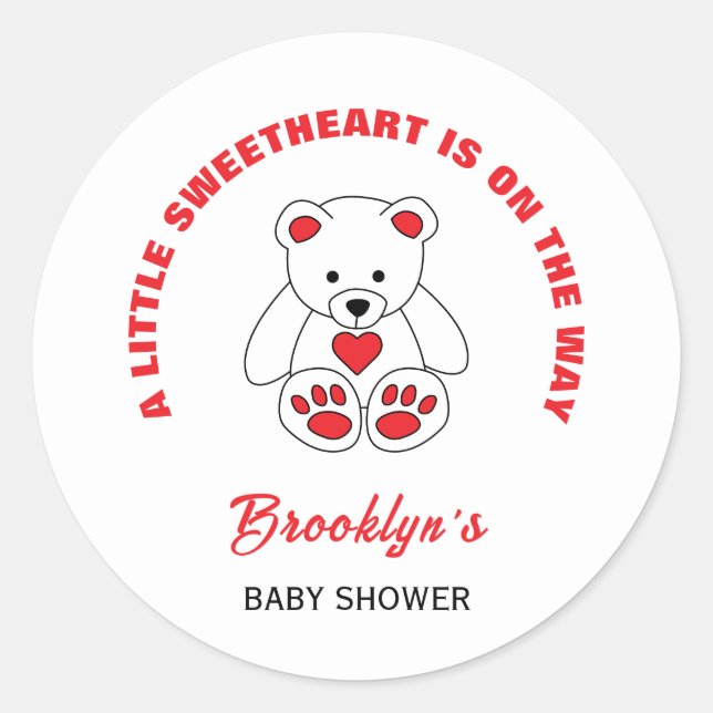 Adesivo Redondo Pequeno Chá de fraldas Vermelho, Urso Branco Branc (Frente)