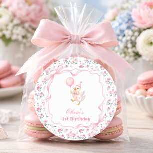 Adesivo Redondo Pequeno Ganso Laço Rosa Floral Aniversário Obrigad