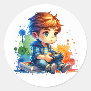 Adesivo Redondo Pequeno Garoto Tocando Videos games