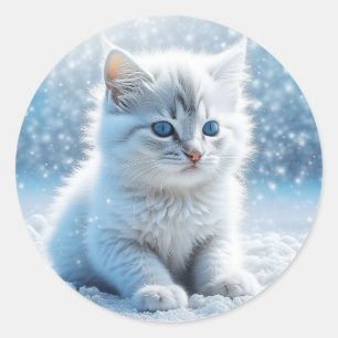 Adesivo Redondo Pequeno Gatinho Branco no Natal da Neve