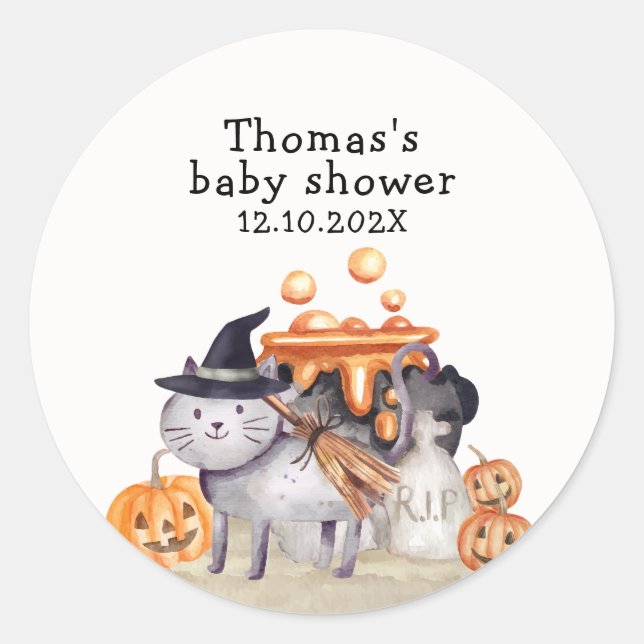 Adesivo Redondo Pequeno Gato De Boo No Chá de fraldas De Criação D (Frente)