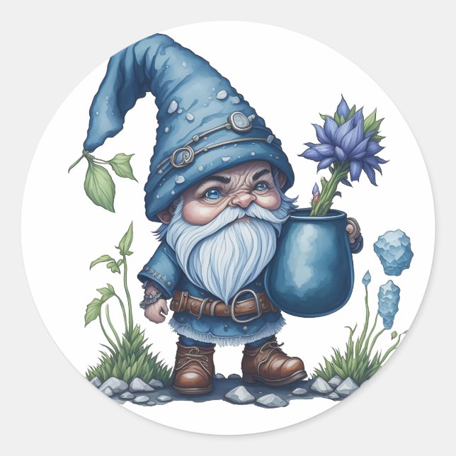 Adesivo Redondo Pequeno gnomo azul segurando pote de flores (Frente)
