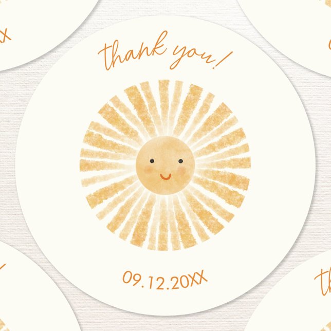 Adesivo Redondo Pequeno Sol, Obrigado (Little ray of sunshine custom text thank you stickers with date)