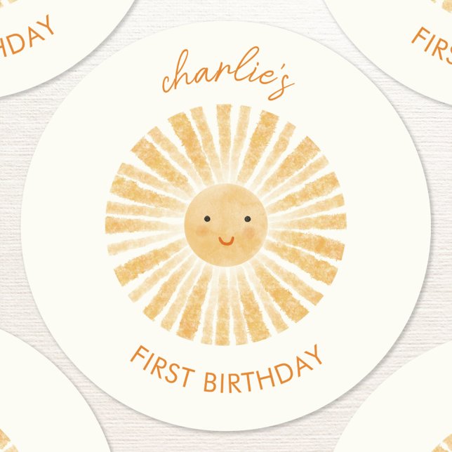 Adesivo Redondo Pequeno Sol Primeiro Aniversário Personalizado (Personalized custom name first birthday watercolor sunshine sticker)