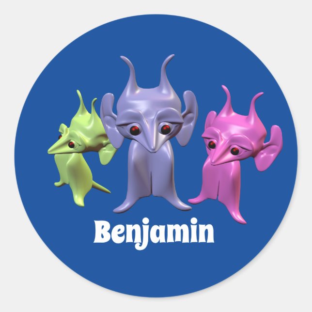 Adesivo Redondo Pequenos marcianos, personalizados para crianças. (Frente)