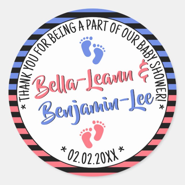 Adesivo Redondo Pequenos Pés - Stripes Chá de fraldas Rapaz e Gême (Frente)