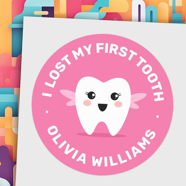 Adesivo Redondo Perdi minha primeira fada de dente rosa (I lost my first tooth tooth fairy pink classic round sticker)