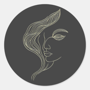 Adesivo Redondo Perfil de Mulher Folha Arte Linear Elegante