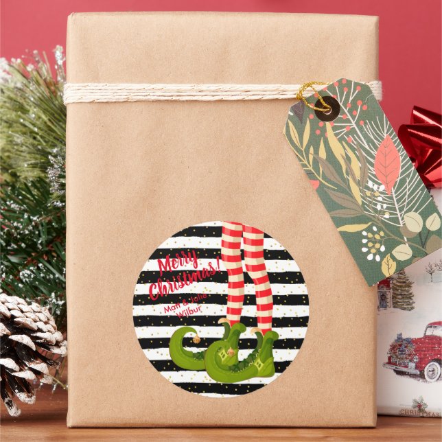 Adesivo Redondo Pernas de Elf em Stripes Feliz Natal (Feriado)