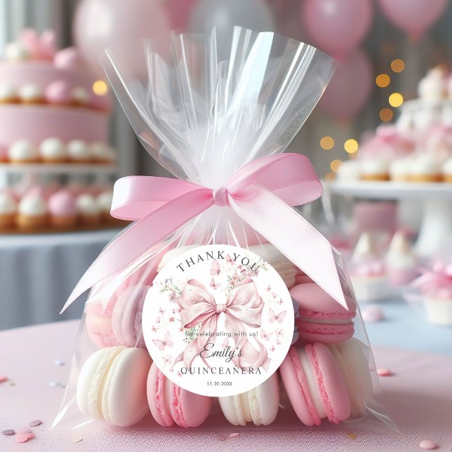 Adesivo Redondo Pérolas cor-de-rosa Quinceañera Obrigado Sticker (Elegant Pink Bow Pearls Quinceañera Thank you Stickers)