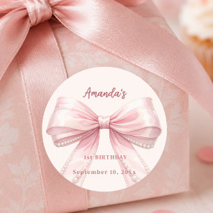 Adesivo Redondo Pérolas de laço rosa coquete Aniversário