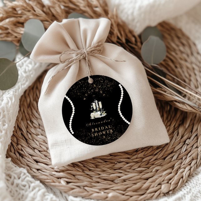 Adesivo Redondo Pérolas de Ouro Negro e Chá de Bebê de Prosecco (Criador carregado)