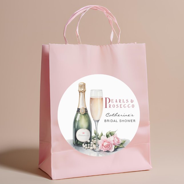 Adesivo Redondo Pérolas e Prosecco Floral Elegante Chá de Bebê de  (Front view pearls and prosecco bridal shower glamorous pearl embellishment sticker)