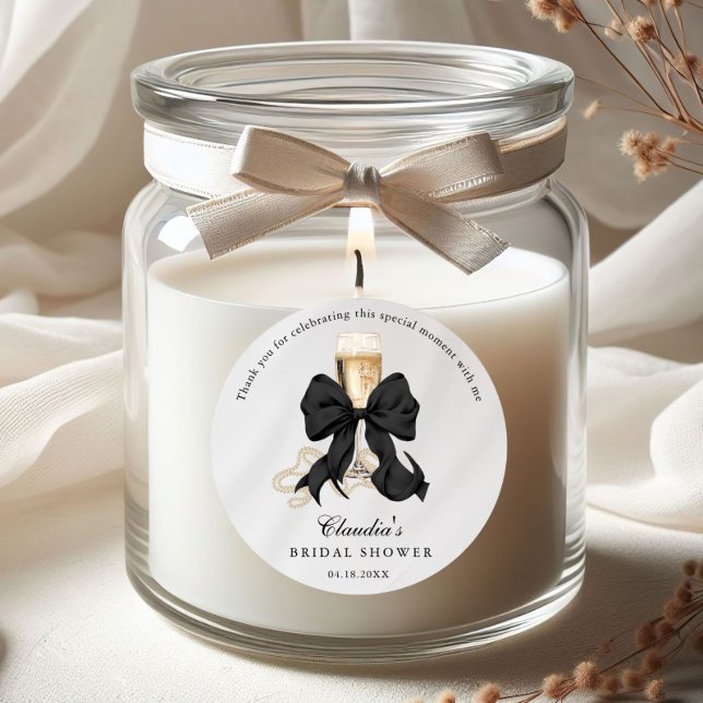 Adesivo Redondo Pérolas Elegantes e Prosecco com Laço Preto para C (Pearls and Prosseco Thank you bridal shower stickers)