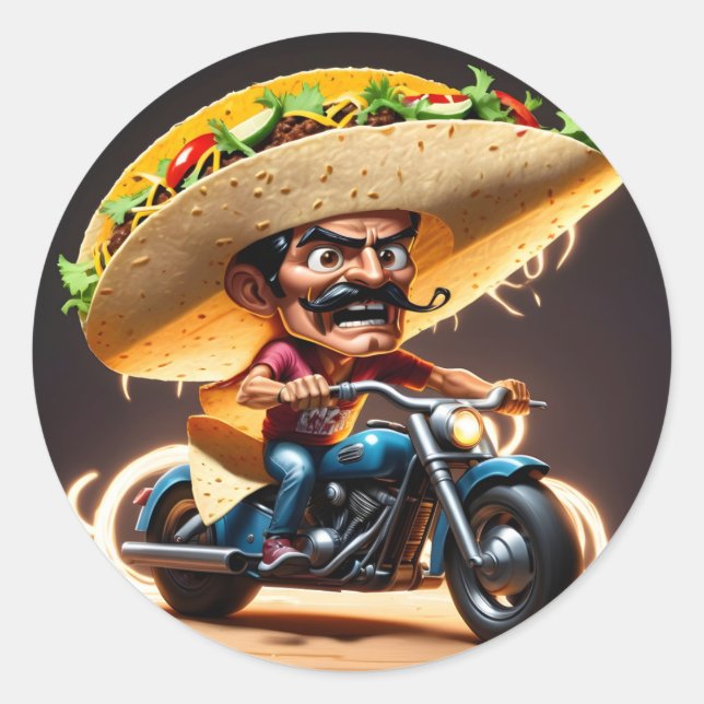 Adesivo Redondo Personagem de desenho animado de moto de taco com  (Frente)