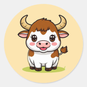 Adesivo Redondo Personagem de Touro de Desenho Animado Fofo com Ex