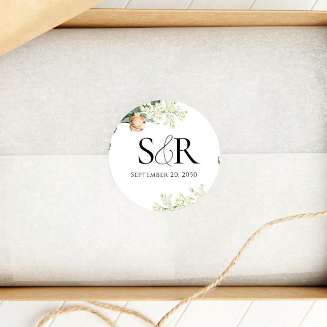 Adesivo Redondo Personagem Floral de Casamento de Pêssego Elegante (Elegant peach floral wedding monogram sticker. )