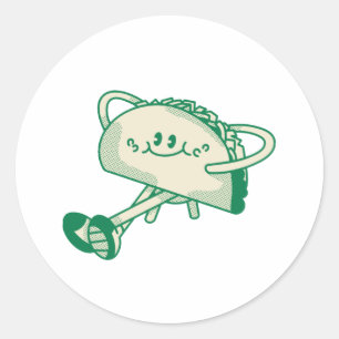 Adesivo Redondo Personagem Mascote de Taco Verde Fofo Caminhando