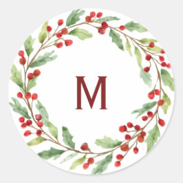 Adesivo Redondo Personalised Christmas Monogram Red-Berry Wreath