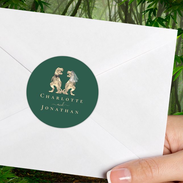 Adesivo Redondo Personalização de Casamento de Dinossauro (T-Rex dinosaur wedding dark green custom sticker Dino bride and groom elegant modern typography )