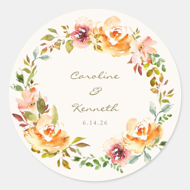 Adesivo Redondo Personalização de Casamento Floral de Aquarela Col (Frente)