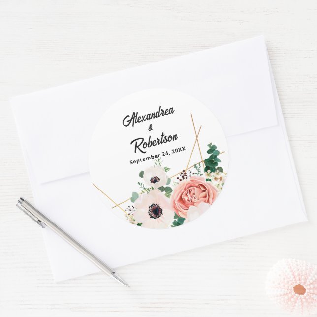 Adesivo Redondo Personalização de Casamento Floral de Coral Pink W (Envelope)