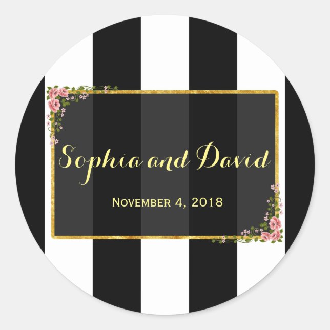 Adesivo Redondo Personalizado De Casamento De Folha De Ouro Floral (Frente)