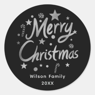 Adesivo Redondo Personalizado de Natal Preto de Script Moderno