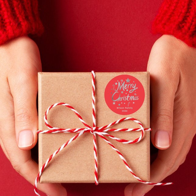 Adesivo Redondo Personalizado de Natal Vermelho com Script Moderno (Criador carregado)