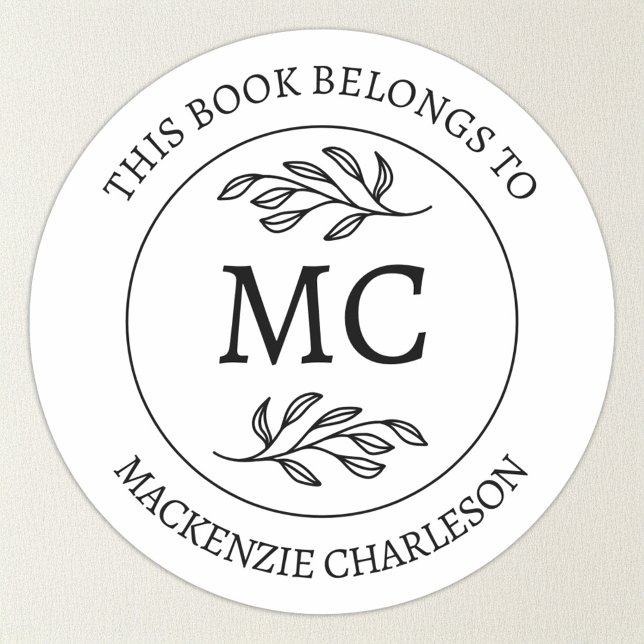 Adesivo Redondo Personalizado Este Livro Pertence a Monograma (Botanical Leaf classical monogram initial personalized This Book Belongs To bookplate sticker)