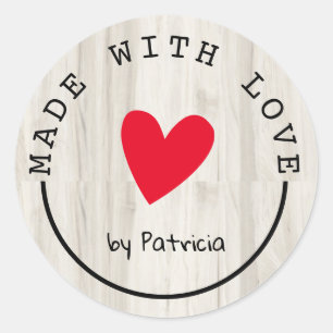 Adesivo Redondo Personalizado Feito Com Amor, Madeira Clara De Cor