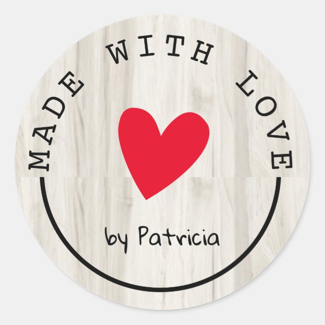 Adesivo Redondo Personalizado Feito Com Amor, Madeira Clara De Cor (Frente)