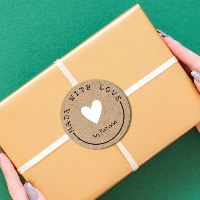 Adesivo Redondo Personalizado Feito Com Amor White Heart Kraft Pap (Criador carregado)
