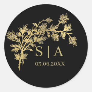 Adesivo Redondo Personalizado Folha de Ouro Luxo Botânico Monogram