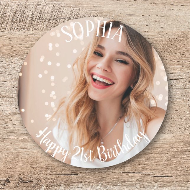 Adesivo Redondo Personalizado Obrigado Foto Simples De aniversário (Custom Thank You Simple Modern 21st Birthday Photo Classic Round Sticker
)