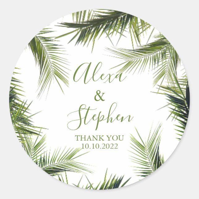 Adesivo Redondo Personalizado Obrigado Palm Deixa Casamento Tropic (Frente)