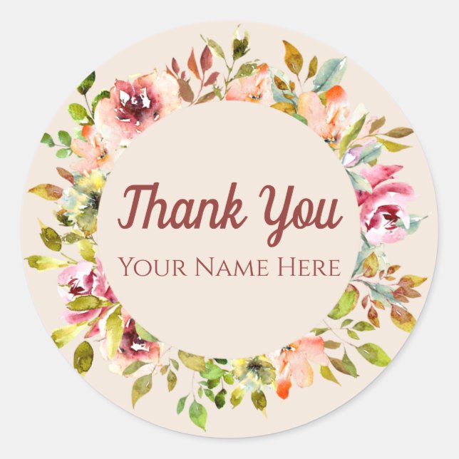 Adesivo Redondo Personalizado Obrigado Tipografia Com Flor De Aqua (Frente)