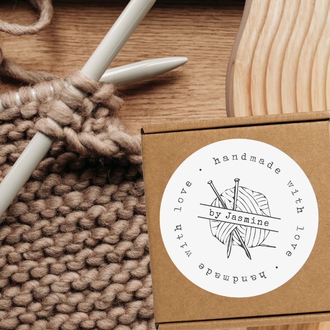 Adesivo Redondo Personalizado para Pequenas Empresas do Knit de Am (Handmade with love - Knit Small Business, Crochet, Embroidery, Unique Package Custom Sticker)