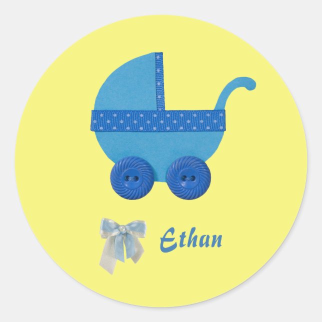 Adesivo Redondo Personalizar chá de bebê carruagem azul (Frente)