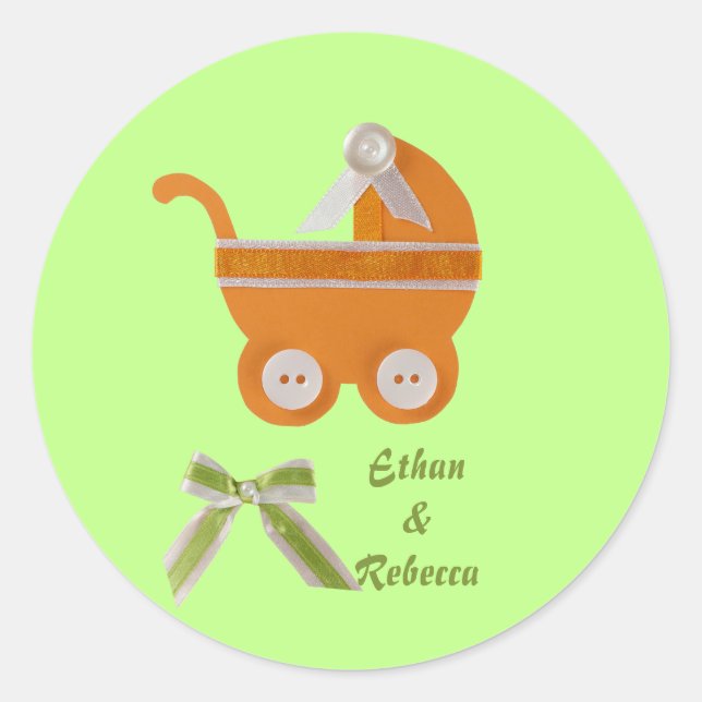 Adesivo Redondo Personalizar chá de fraldas de carruagem laranja (Frente)