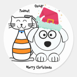 Adesivo Redondo Personalizar Gato e Cachorro Feliz Natal